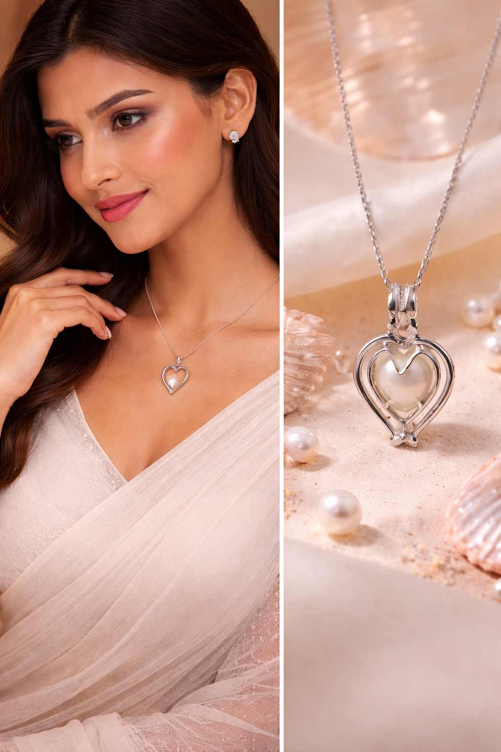 White Pearl Pendant Necklace with Two Earrings One Finger Ring Love