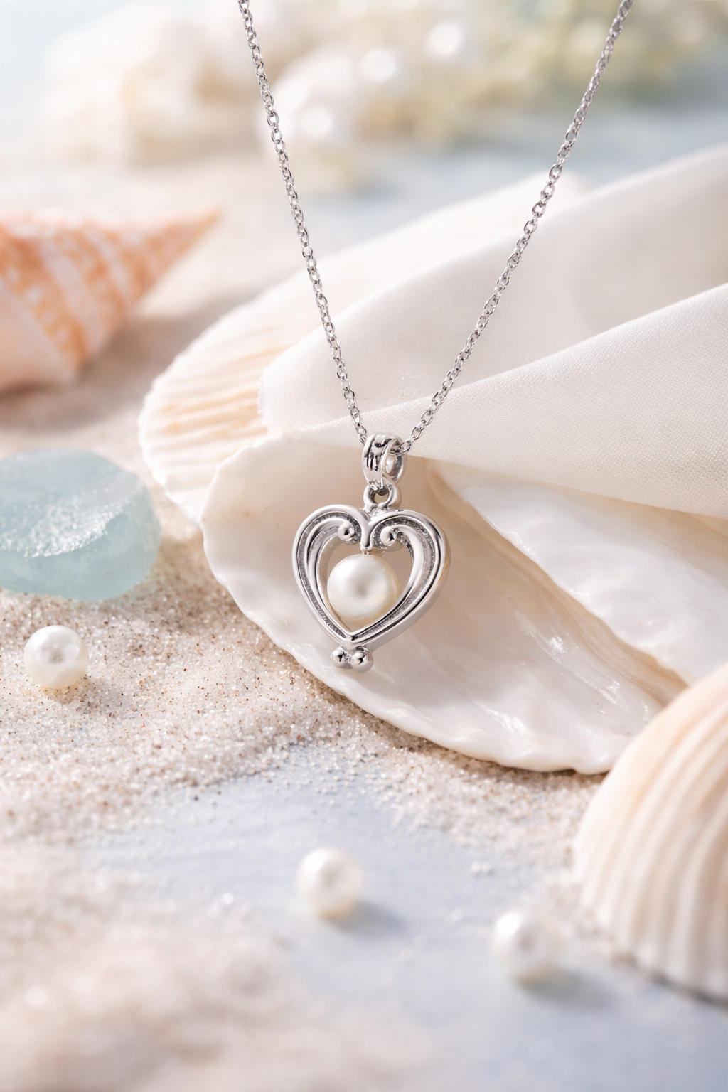 White Pearl Pendant Necklace with Two Earrings One Finger Ring Love