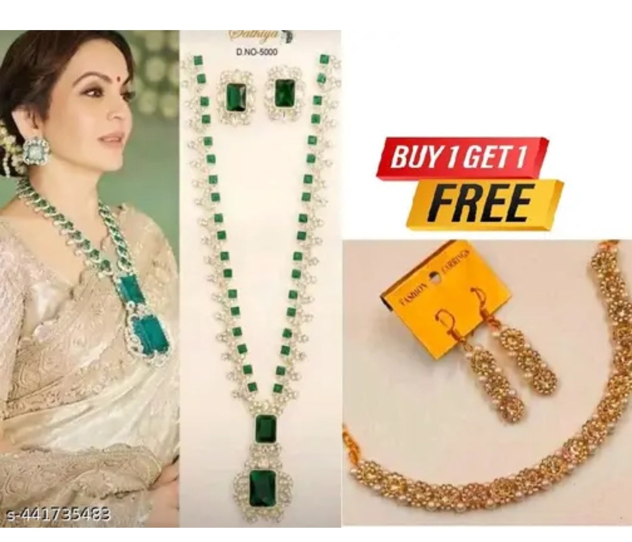 Nita Ambani Party Wear Green Color Jewellery Set With Free multi Neckless